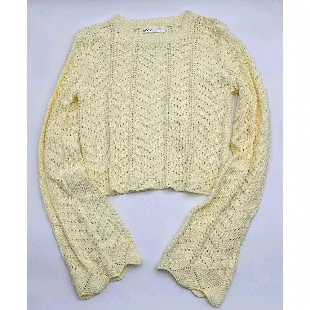 Elodie Women's Size L Baby Yellow Pointelle Bell Sleeve Sweater - Picture 3 of 9